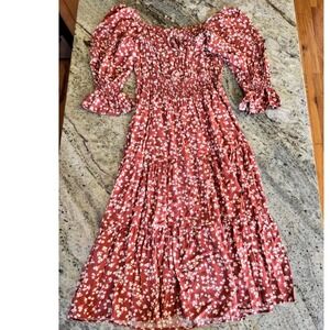 Indigo Rose Rust Red Floral Smocked Waist Tiered Midi Dress Small Cottagecore